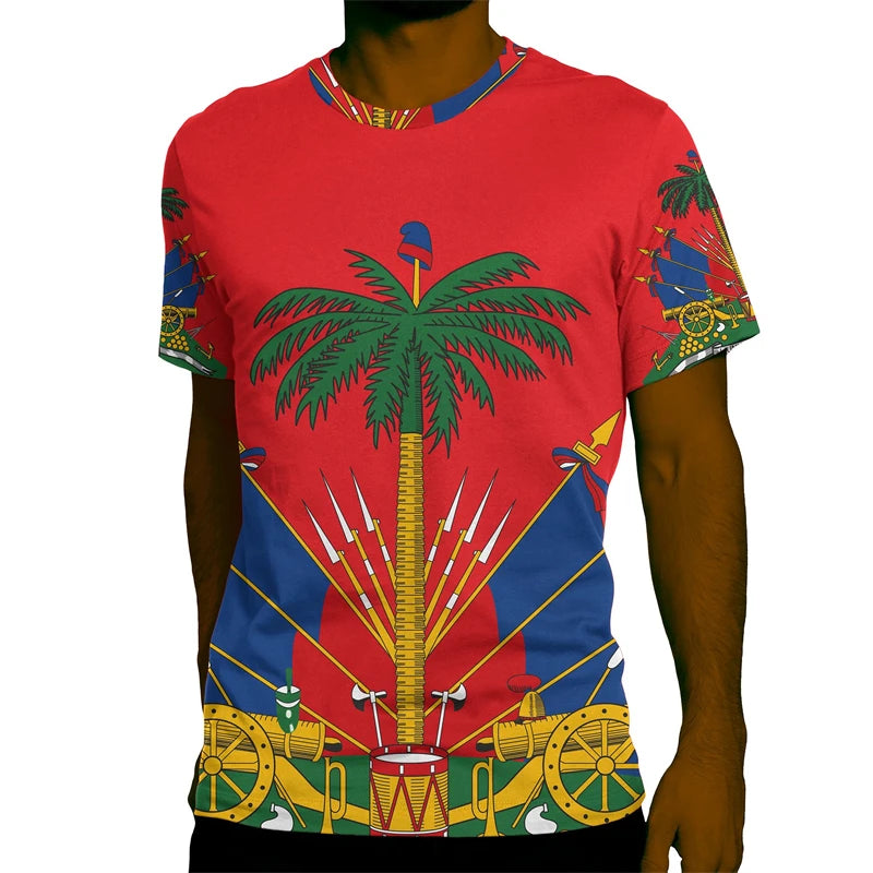 Haiti National Emblem Graphic T-Shirt for Men Clothing 3D Printed Tees Summer Casual Loose Oversized T Shirts Short Sleeves Tops