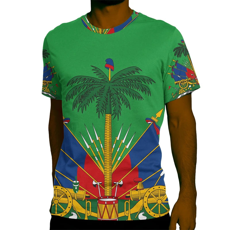 Haiti National Emblem Graphic T-Shirt for Men Clothing 3D Printed Tees Summer Casual Loose Oversized T Shirts Short Sleeves Tops