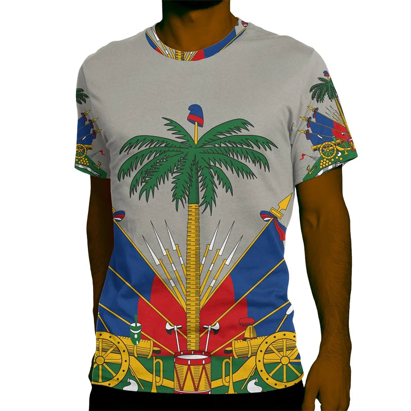 Haiti National Emblem Graphic T-Shirt for Men Clothing 3D Printed Tees Summer Casual Loose Oversized T Shirts Short Sleeves Tops