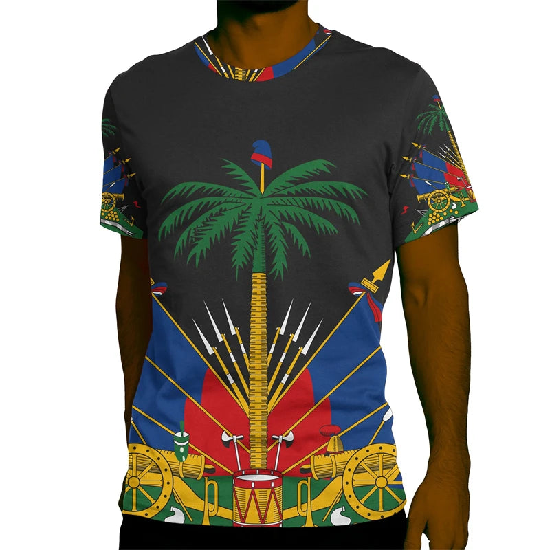 Haiti National Emblem Graphic T-Shirt for Men Clothing 3D Printed Tees Summer Casual Loose Oversized T Shirts Short Sleeves Tops