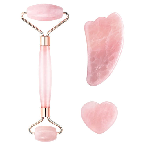 Jade Roller and Gua Sha Set - anti Aging Rose Quartz Face Roller Massager & Guasha Tool for Face, Eye, Neck - Natural Beauty Skin Care Tools Body Muscle Relaxing Relieve Wrinkles (Pink)