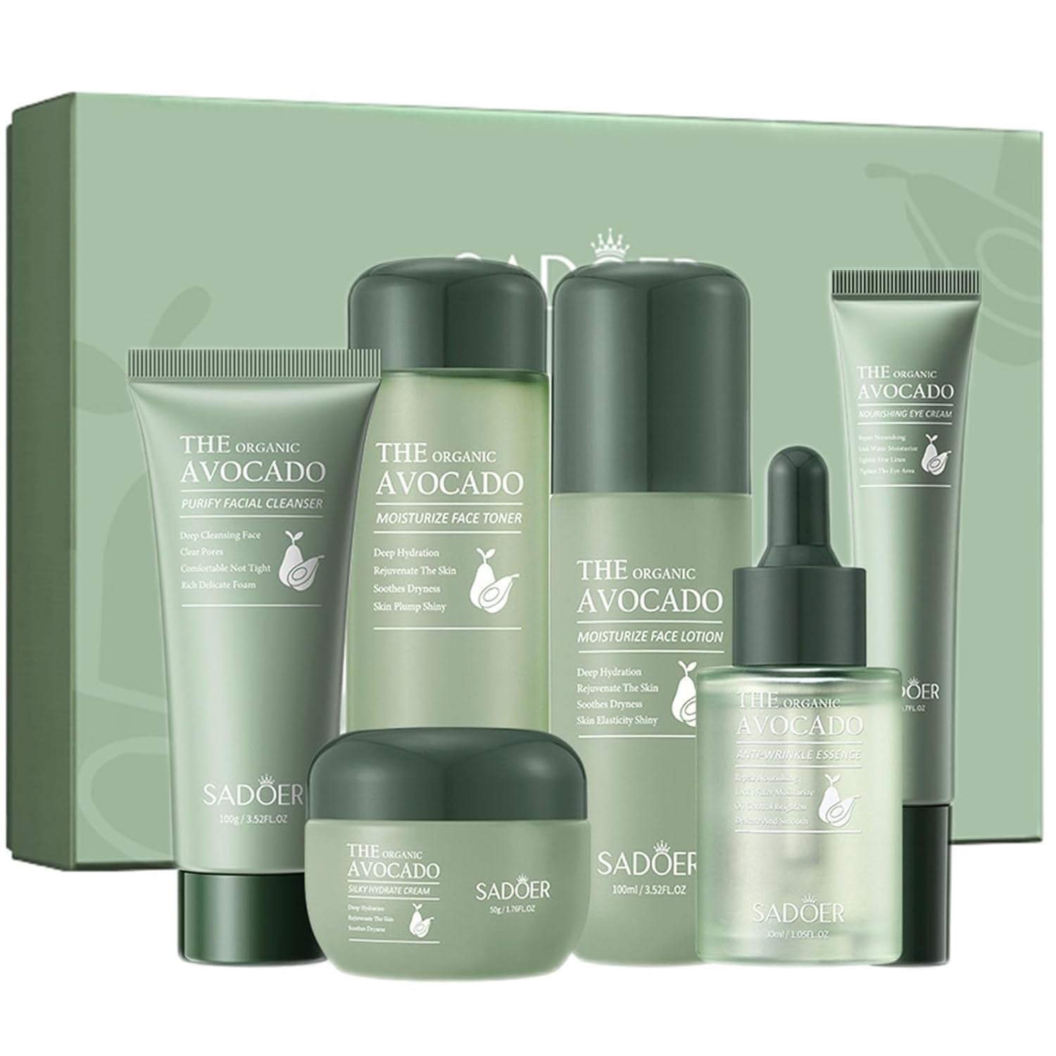 Avocado Skincare Sets, 6Pcs Skincare Gift Set with Facial Cleanser, Face Serum, Face Cream, Eye Cream, Toner, Moisturizing Lotion, Skin Care Sets & Kits, Hydrating Facial Kit for Women
