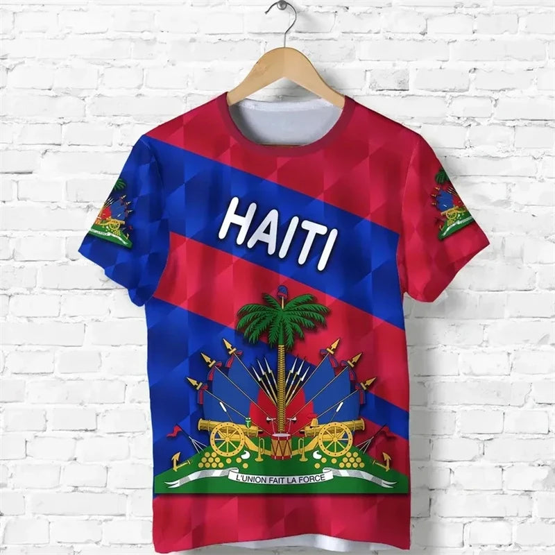 3D Print Haiti Emblem Pattern T Shirt for Men Caribbean Island Haitian Flag Print T-Shirts Casual O-Neck Short Sleeve Tees Tops