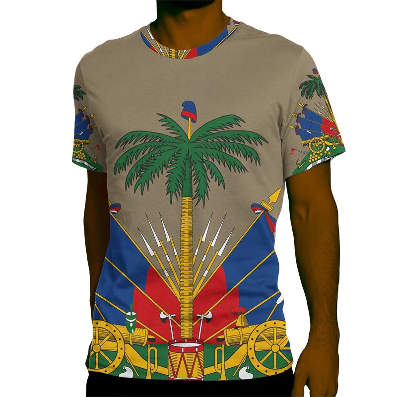 Haiti National Emblem Graphic T-Shirt for Men Clothing 3D Printed Tees Summer Casual Loose Oversized T Shirts Short Sleeves Tops