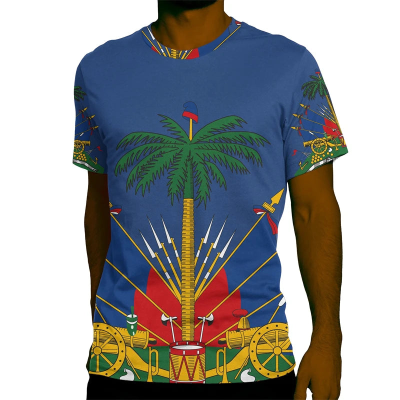 Haiti National Emblem Graphic T-Shirt for Men Clothing 3D Printed Tees Summer Casual Loose Oversized T Shirts Short Sleeves Tops