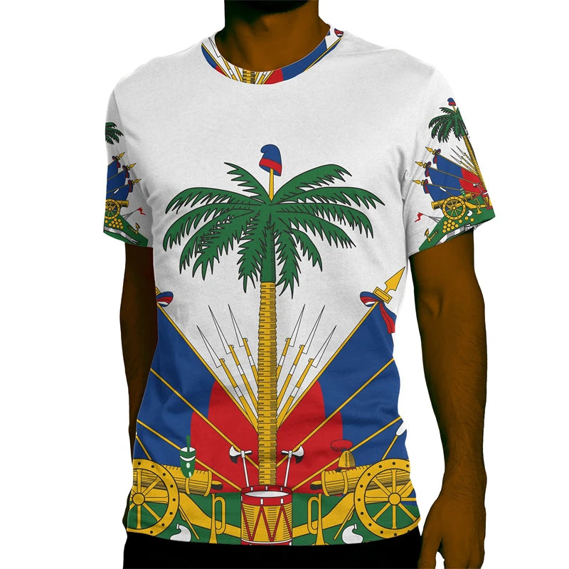 Haiti National Emblem Graphic T-Shirt for Men Clothing 3D Printed Tees Summer Casual Loose Oversized T Shirts Short Sleeves Tops